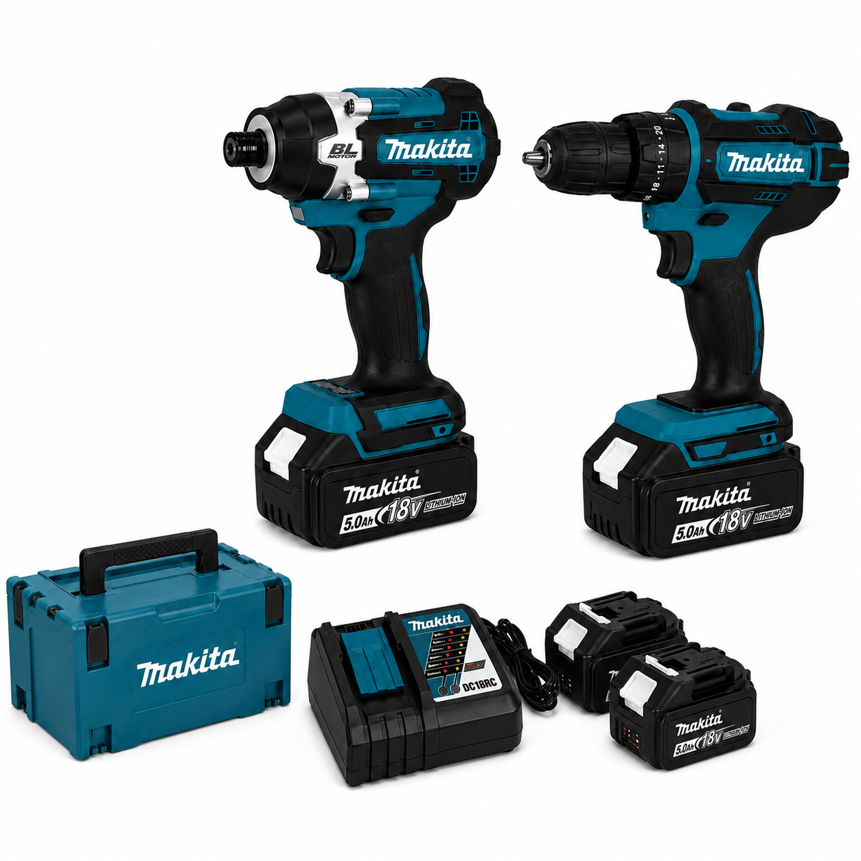 Makita Σετ 2 Εργαλείων 18V 8 Τεμάχια – Παλμικό, Δραπανοκατσάβιδο με 2 Μπαταρίες & Βαλίτσα